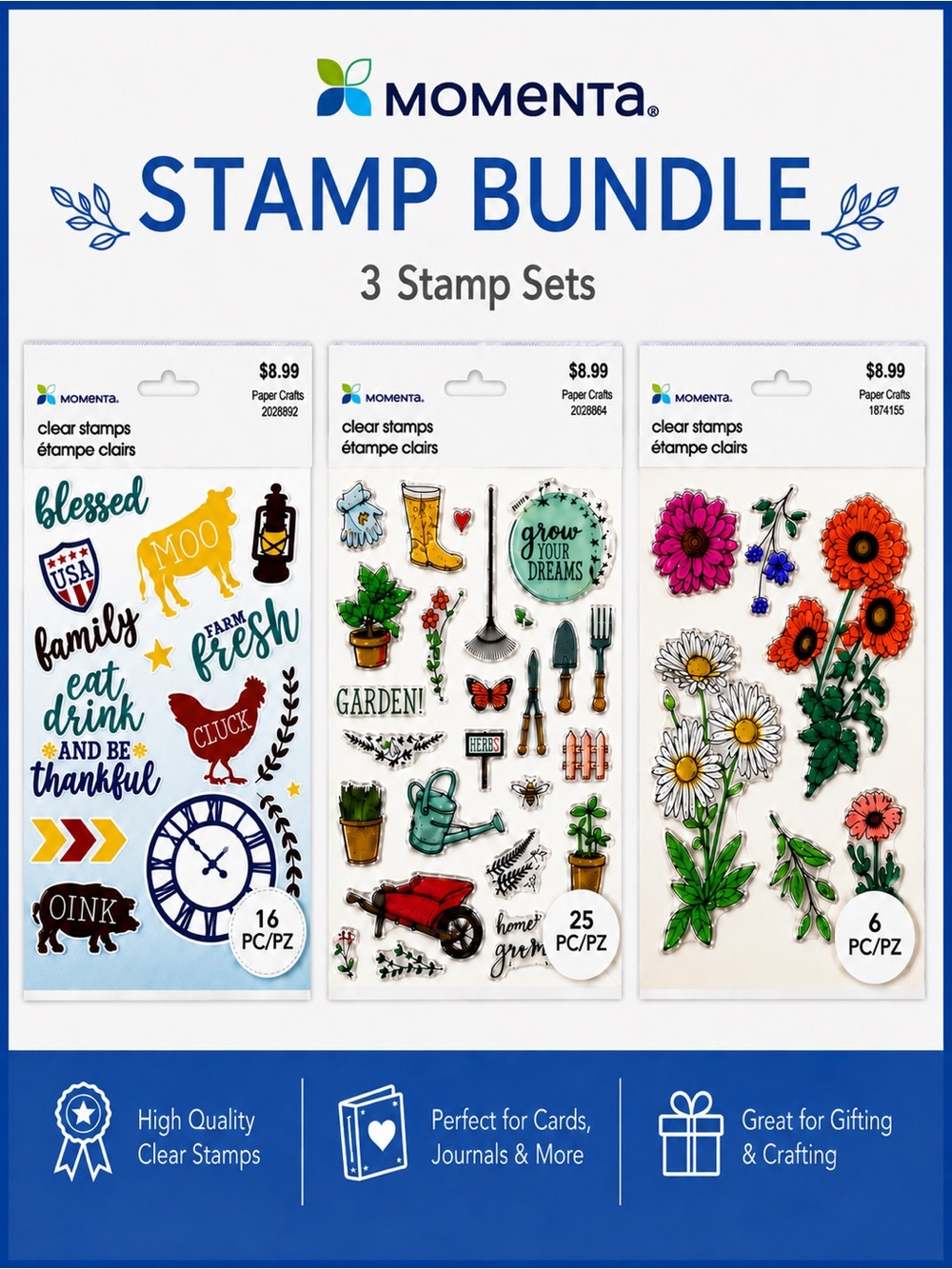 Momenta 3 Stamp Set Bundle – Barn Farmhouse Garden & Floral Craft Stamps